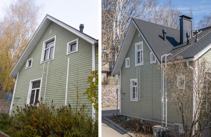 Ennen-jälkeen kuva omakotitalon julkisivusta ennen ja jälkeen omakotitalon ikkunaremontin.